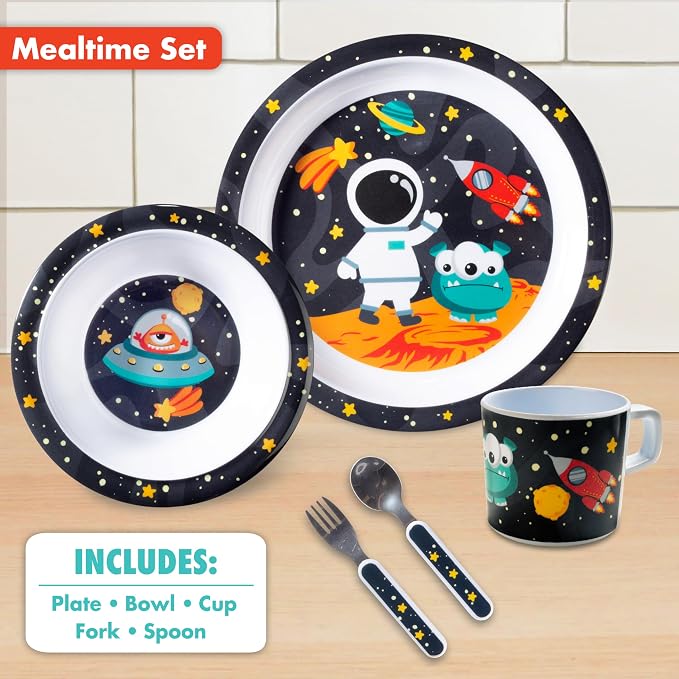 Bentology 5 Pc Mealtime Set for Kids -Space Theme -Includes Raised Edge Plate & Bowl, Cup, Metal Fork & Spoon -Dishwasher Safe, BPA Free- Cute Durable Dish, Easy Self-Feeding- Gift for Toddlers