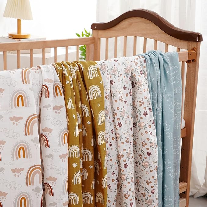 4 Set Muslin Swaddle Blankets for Newborn Baby Boys, Girls,Receiving Blankets-Cute Soft Print Baby Towel Wrap 120x110cm Baby(White)