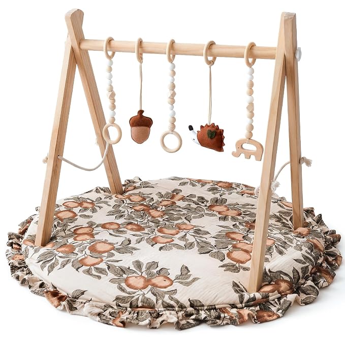 Wooden Baby Play Gym with Apple & Leaf Print Play Mat, Baby Gym with 5 Sensory Toys, Foldable Baby Activity Center Play Gym Frame for Newborn Infant Shower Gift