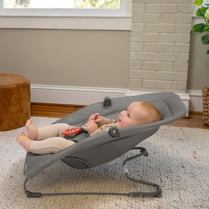 Ingenuity Stow & Go Compact Folding Baby Bouncer, Lightweight Portable Seat with Vibration, Grey, Under 5 lbs