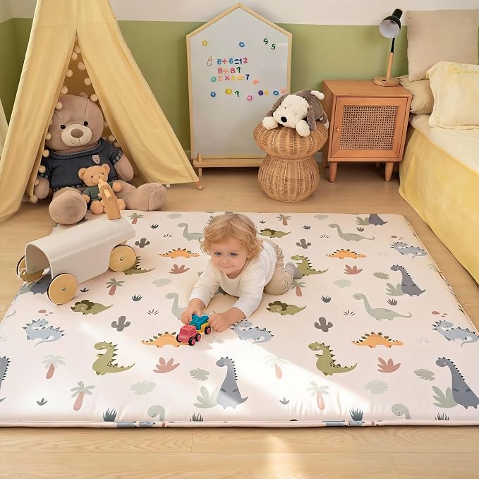 1.5" Thick Premium Baby Floor Play Mat, 71x79 Over-Sized Padded Memory Foam Mat, Tummy Time Crawling Playmat for Nursery Kids Playroom, Dinosaurs