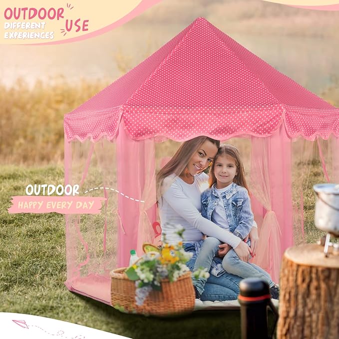 Princess Tent for Girls with Big Star Lights, Kids Playhouse Castle Play Tent, Birthday Girl Gift, Indoor Princess Game (Pink, Big Star Lights)