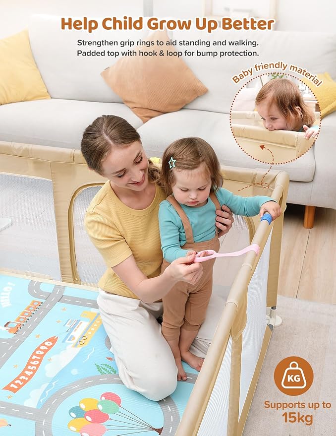 Dripex Baby Playpen with Mat, 71"x47" Play Pen for Toddlers 1-3 Years, Soft Breathable Visible Mesh, Indoor/Outdoor Portable Play Yard with Mat, Safe Baby Fence Play Area, Khaki