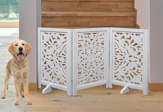 Freestanding Pet Gate for Dogs, Foldable Wooden Dog Gate for House, Indoor Dog Gate for Stair, Doorway, Circle Design Gates for Dogs Indoor, 48 Inch Wide, (16" x3 Panels =48 inch),White Antique