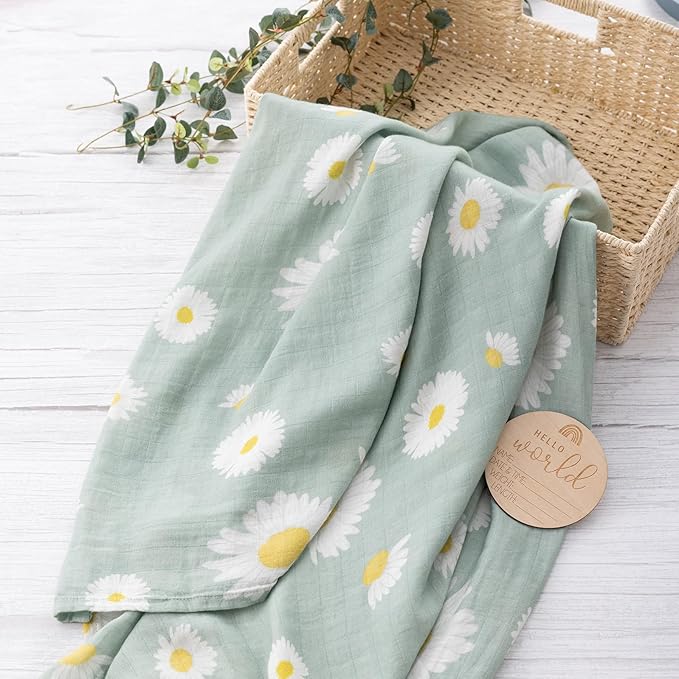 BabyWhale Swaddle Blankets for Baby Girl, 2-Pack Super Soft Viscose Bamboo Cotton Muslin Swaddles Blankets (Large 47" x 47"), Floral & Little Daisy Pattern, Newborn Baby Registry