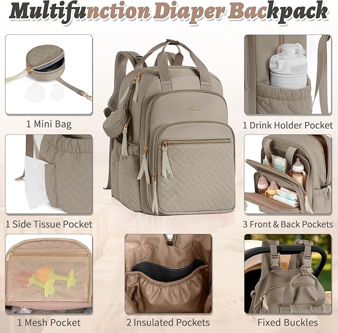 Diaper Bag Backpack, 27L Large Quilted Small Baby Bag with Changing Pad & Pacifier Case, Stroller Hooks, Easy-Access Baby Essential, Maternity Travel Backpack Unisex, Brown