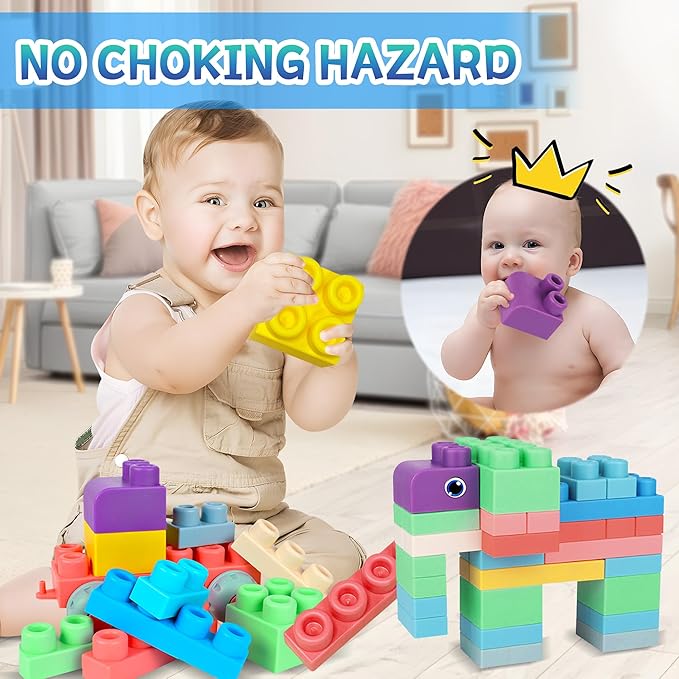 100PCS Baby Blocks Set with Storage Bucket, Building Block Toys STEM Educational Toddler Gifts, Rubber Soft Blocks for Preschool, Sensory Stacking Toys to Improve Creativity