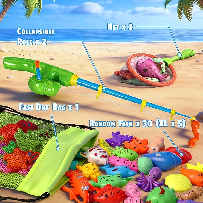 CozyBomB??Magnetic Fishing Toys Game Set for Kids | Water Table Bathtub Kiddie Pool Party Pole Rod Net, Outdoor Plastic Floating Fish, Toddler Bath Color Ocean Sea Animals Birthday Gift Age 3-5 6 4-8