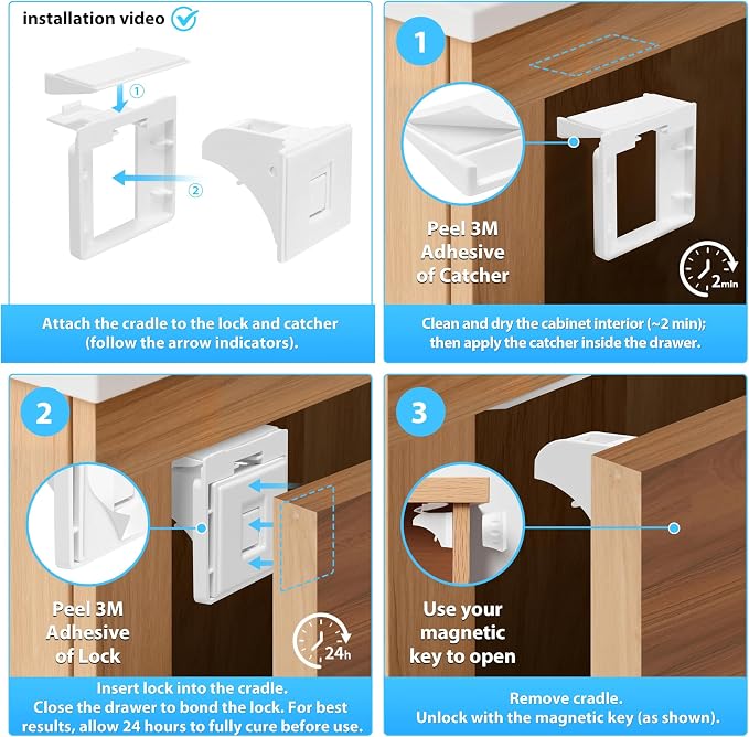 AILUOQI Baby Proofing Magnetic Cabinet Locks (3 Locks + 1 Key) Cupboard Drawers Latches Magnet Locks for Cabinets