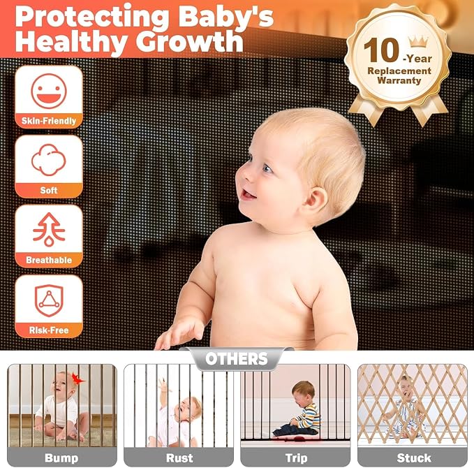 120" Extra Wide Retractable Baby Gates Dog Gate, Long Mesh Gate Pet Gate for Large Opening, 34" Extra Tall Child Safety Gate with Reinforced Strips for Stairs Hallways Doorways Deck Indoor Outdoor