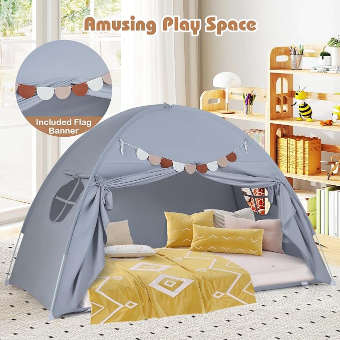 HONEY JOY Bed Tent Twin for Kids, Foldable Play Tent Canopy w/Flags, Windows, Indoor Outdoor Playhouse Toddler Tent, 79” x 39” x 48”, Washable, Kids Tent for Boys Girls Aged 3+, Birthday (Gray)