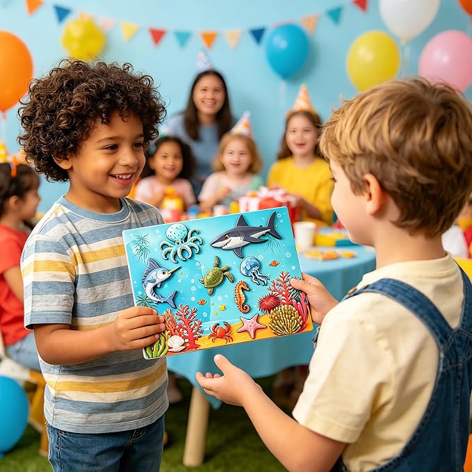7 Pcs Sea Animals Wooden Pegged Puzzles for Toddlers,Educational Toddler Wooden Puzzles for Shape & Color Recognition,Ideal Baby Puzzles for Underwater Party & Home Decor