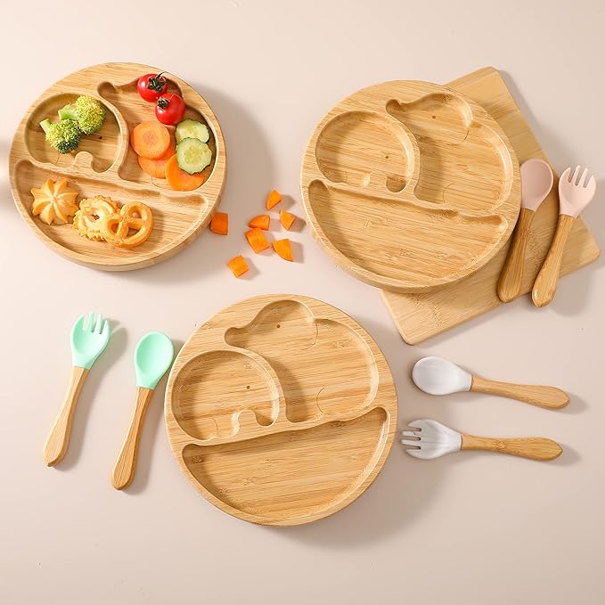 Suction Plates for Baby & Toddler, Bamboo Divided Platter Feeding Dishes with Silicone Fork& Spoon, All-Natural Baby Food Plate Stays for Baby-Led Weaning, Non-Slip Design