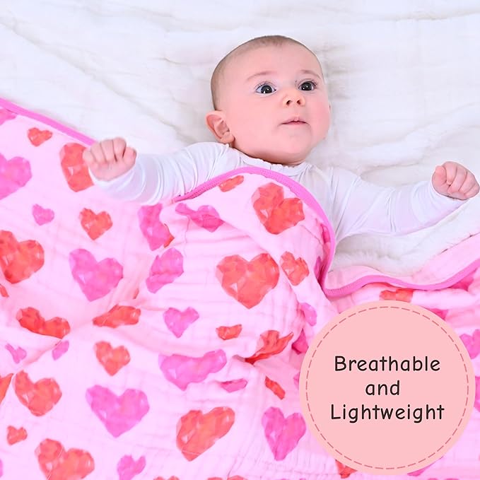 LollyBanks Baby Blanket, 100% Organic Cotton Muslin Quilt for Girls, 47 x 47 Inches Toddler Quilt, Soft and Breathable 6-Layer Newborn Blankets, Crib Bedding Essential (Gemstone Heart Print)