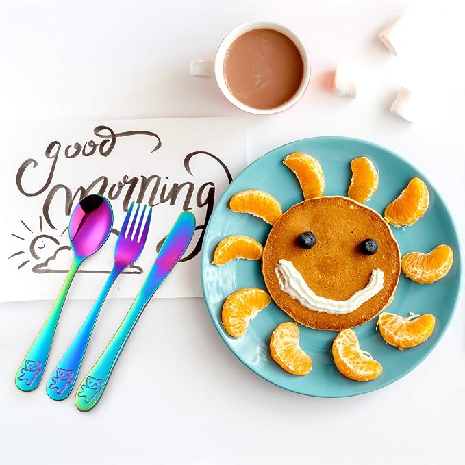 Stainless Steel Kids Silverware with Training Chopsticks, 12 Pieces Rainbow Toddler Utensils for 4-12 Years Old, Food Grade Metal Kids Utensils Set, Children Safe Flatware, Dishwasher Safe, Poylim