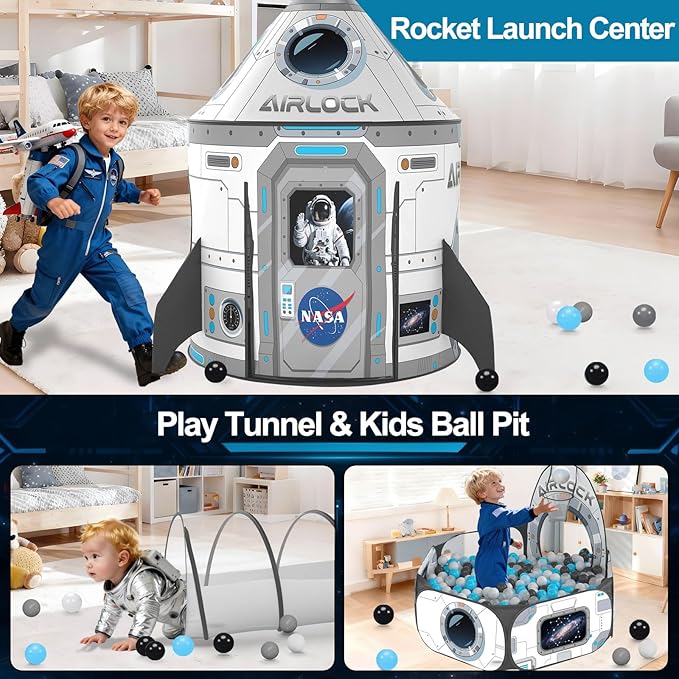 3Pcs Kids Rocket Play Tent for Boys: Pop Up Toddlers Spaceship Playhouse with Baby Crawl Tunnel, Ball Pit and Castle Tent - Children Game Tent Toys Indoor and Outdoor for Birthday