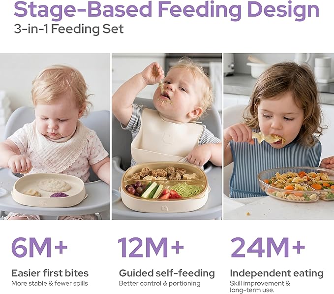 lalalark 3-in-1 Baby Suction Plates - Premium Bottle-Grade PPSU Toddler Plates, Stage-Based Design Silicone Divided Dishes for Self-Feeding, BPA Free Odor & Stain Resistant, Microwave Dishwasher Safe