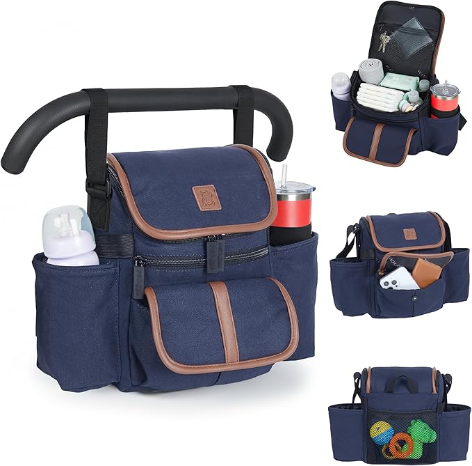 Baby Stroller Organizer Caddy with 2 Cup Holders ??NT·hut CarryZee Universal Stroller Bag, Bottle Straps, Magnetic & Zippered Pockets, Fits 11" Tablet, Water Resistant 600D Oxford (Blue)