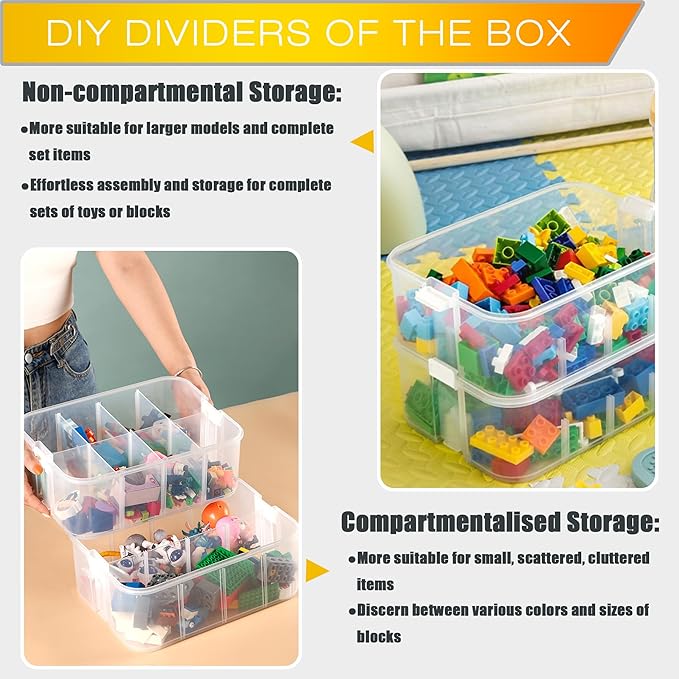 Kids Toys Storage Organizer for Lego Clear Building Blocks Container Box with Baseplate Lids 2 Layers Stackable Playroom Organization Bin Portable Drawers Bricks Puzzle Board Craft Compartments Case
