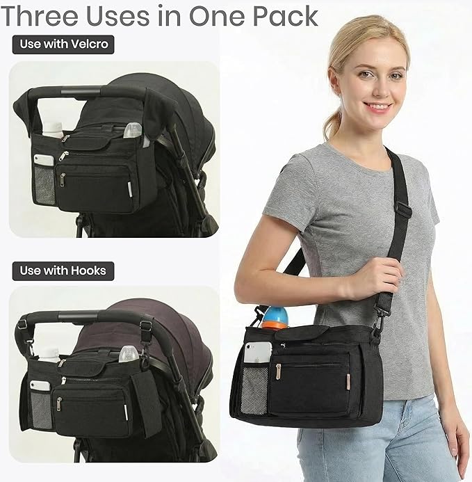 Universal Stroller Organizer, Black - 2 Insulated Cup Holders - Non-Slip Stroller Caddy Bag - Detachable Phone Pouch - Fits Uppababy, Nuna - New Mom Essentials