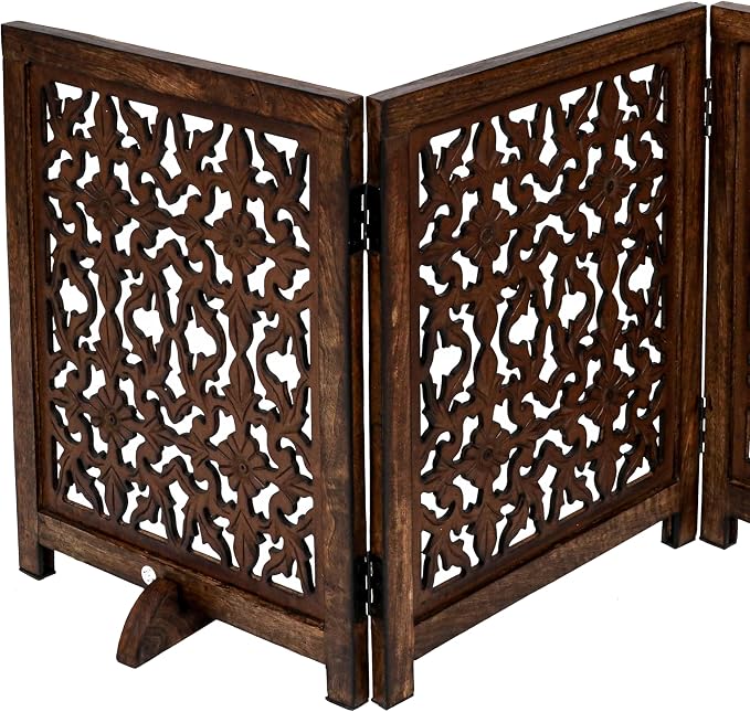 Freestanding Pet Gate for Dogs, Foldable Wooden Dog Gate for House, Indoor Dog Gate for Stair, Doorway, Flower Design Gates for Dogs Indoor, 54 Inch Wide, (18" x3 Panels =54 inch), Burnt Finish