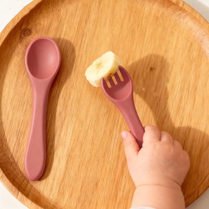 2 Pack Silicone Baby Spoon and Fork Set, First Stage Toddler Self Feeding Utensils, First Stage Feeding Spoons for Infants, Baby LED Weaning Feeding Supplies Training Spoon, Toddler Utensils