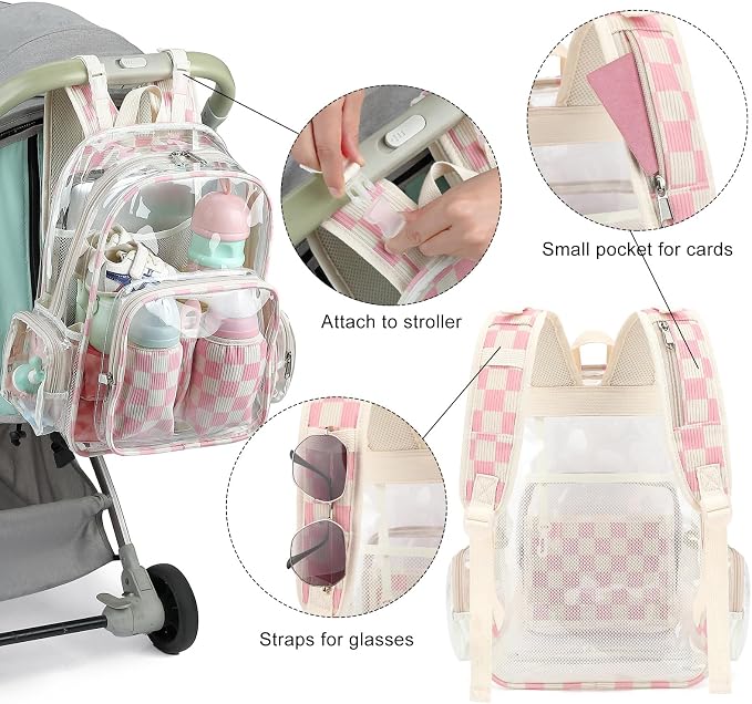 Clear Baby Diaper Bag Backpack for Mom, Large Capacity Travel Nappy Bag for Boys & Girls with Stroller Straps (Corduroy Checkered Pink)