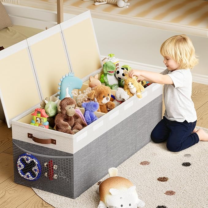 Dayacoco 40"X14"X16" Extra Large Toy Box Chest with Lids, 150L Collapsible Sturdy Kids Toy Storage Organizer Boxes for Boys Girls, Sturdy Toys Chest Storage Organizer Bin Basket, Gray & White