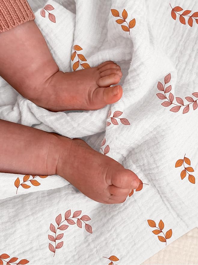 Muslin Swaddle Blankets, Swaddle Blanket for Baby Girls and Boys, Baby Receiving Blankets, Baby Essentials, Suitable for Neutral Newborns and Crib Essentials, Large 40 x 36 inches (Leaf)