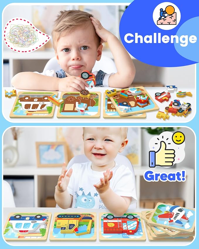 Benresive Wooden Toddler Puzzles for Boys Girls Age 1 2 3, 8 Pack Montessori Vehicle Toys, Educational Preschool Learning Toys, Great Birthday Gifts for Toddlers