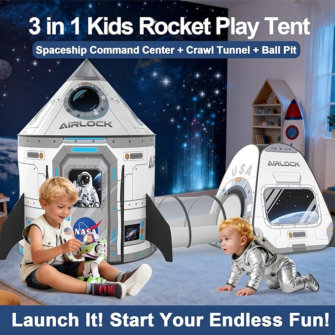3Pcs Kids Rocket Play Tent for Boys: Pop Up Toddlers Spaceship Playhouse with Baby Crawl Tunnel, Ball Pit and Castle Tent - Children Game Tent Toys Indoor and Outdoor for Birthday