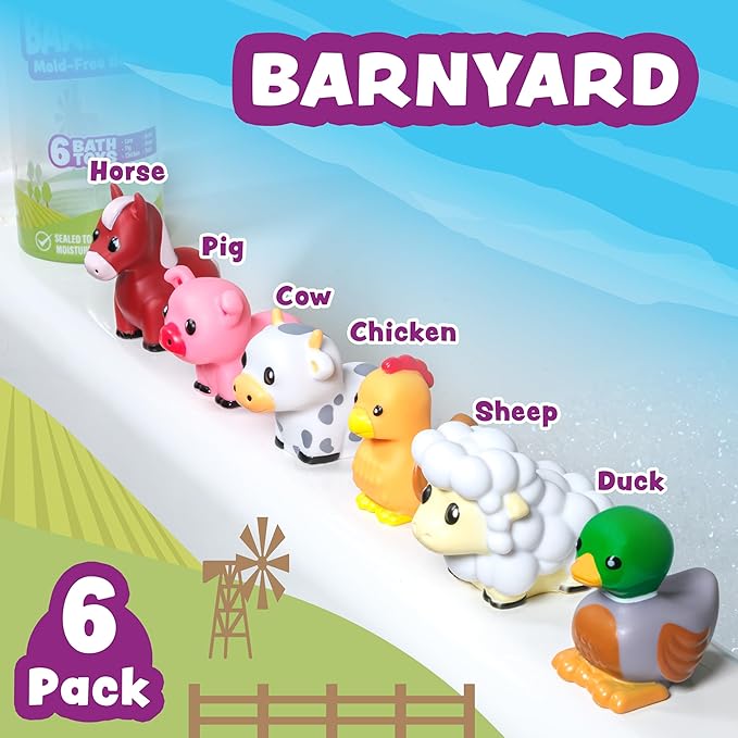 Tub Works® Barnyard??Mold Free Bath Toys, 6 Pack | Sealed, No Hole Bath Toys Design Keeps Moisture Out | Soft, Squeezable & Float on Water | Farm Animals Baby & Toddler Bathtub Toys | Baby Pool Toys