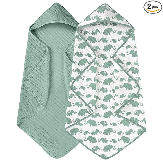 Yoofoss Hooded Baby Towels for Newborn 2 Pack 100% Muslin Organic Cotton Baby Bath Towel with Hood for Babies, Infant, Toddler and Kids, 32x32Inch, Soft and Absorbent Newborn Essential, Green Elephant