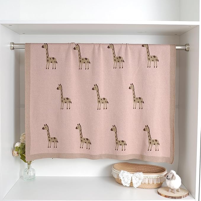 Opewod Soft Cotton Knit Baby Blanket with Cute Deer Print 40x30in Newborn Receiving Blanket Swaddle Cuddle Blanket for Crib, Stroller, or Nursery for Infants & Toddlers Pink
