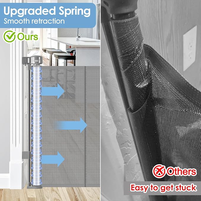 Reinforced 100” Wide Retractable Baby Gates with Support Rods, Upgrade Extra Long Dog Gate for Doorways, Reinforced Retractable Pet Gate to Prevent Crawling Through, Mesh Gate for Kids and Pets (Gray)