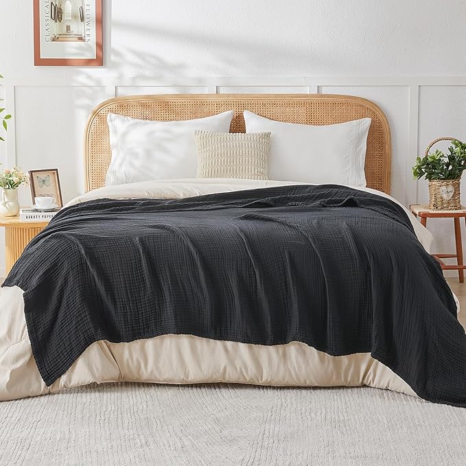 EMME Cotton Muslin Queen Blanket Bed Layering Breathable Gauze Blanket Soft Lightweight Blankets Adults (Black, 90"x90")