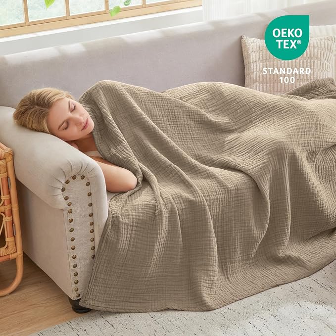 EMME Cotton Muslin King Blanket Bed Layering Bedspread Coverlet Breathable Gauze Soft Lightweight (Tan, 108"x90")