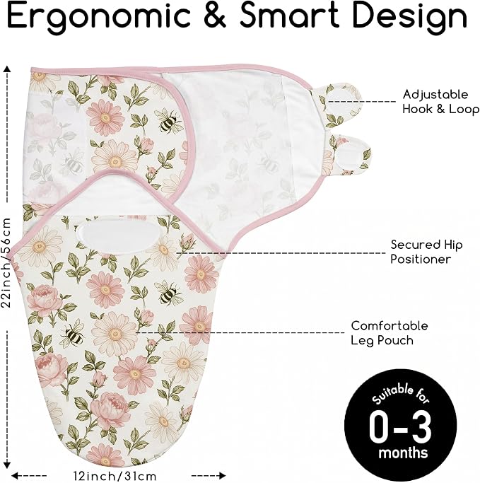 Baby Swaddles for Newborn Organic Cotton, Soft & Snug Newborn Velcro Swaddle 0-3 Months Sleep Sack Helps Calm Startle Reflex, 2-Pack Wrap Nursery Swaddling Bloom Floral