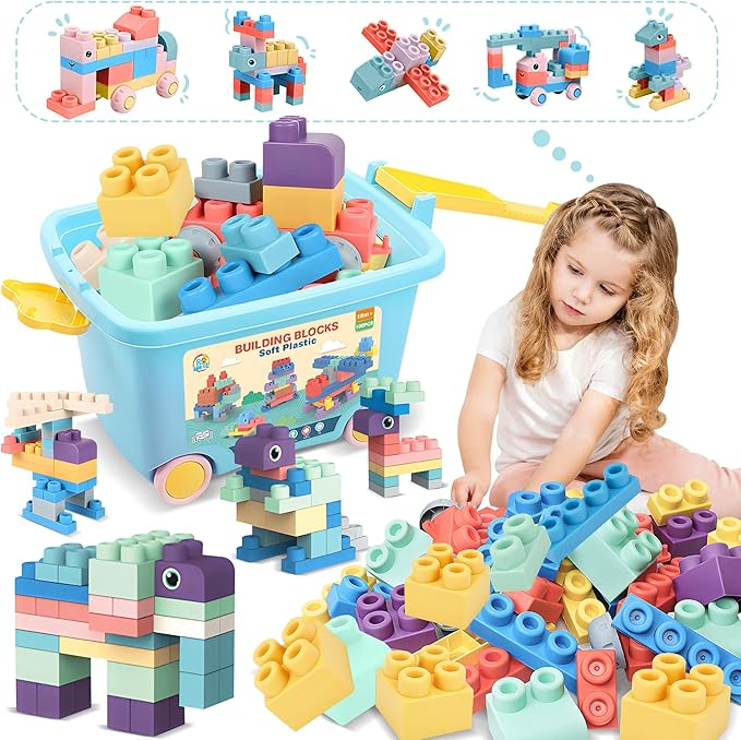 100PCS Baby Blocks Set with Storage Bucket, Building Block Toys STEM Educational Toddler Gifts, Rubber Soft Blocks for Preschool, Sensory Stacking Toys to Improve Creativity