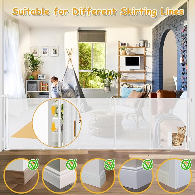Reinforced 120” Extra Wide Baby Gate with Cat Door 33 Inch Tall Outdoor Pet Gates for Wide Openings 10 Ft Reinforced Retractable Dog Gates for Doorways Retractable Pet Gate Indoor with Cat Door, White