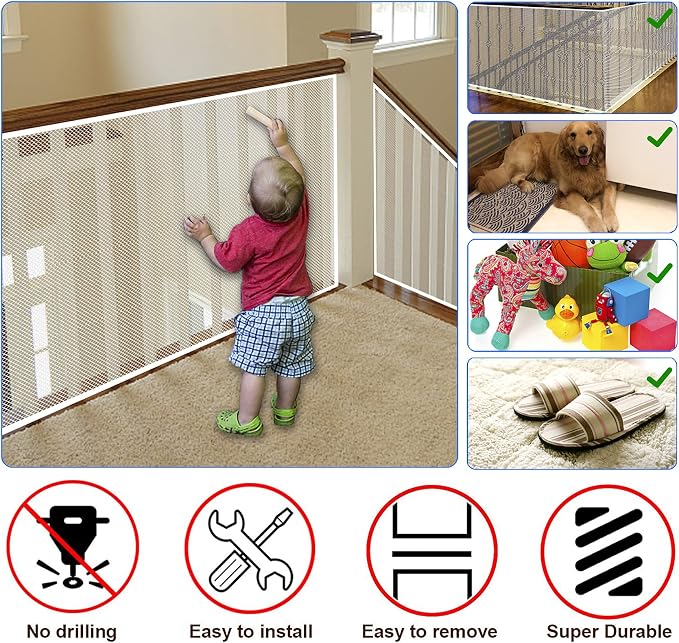 Baby Gate for Stairs, Banister Guard for Kids, Pets, Toys, 32.8ft L x 2.66 ft H, Mesh Netting Safety Net for Balcony Rail Stair, Stairway Net Baby Safety Products for Indoor & Outdoor (White)