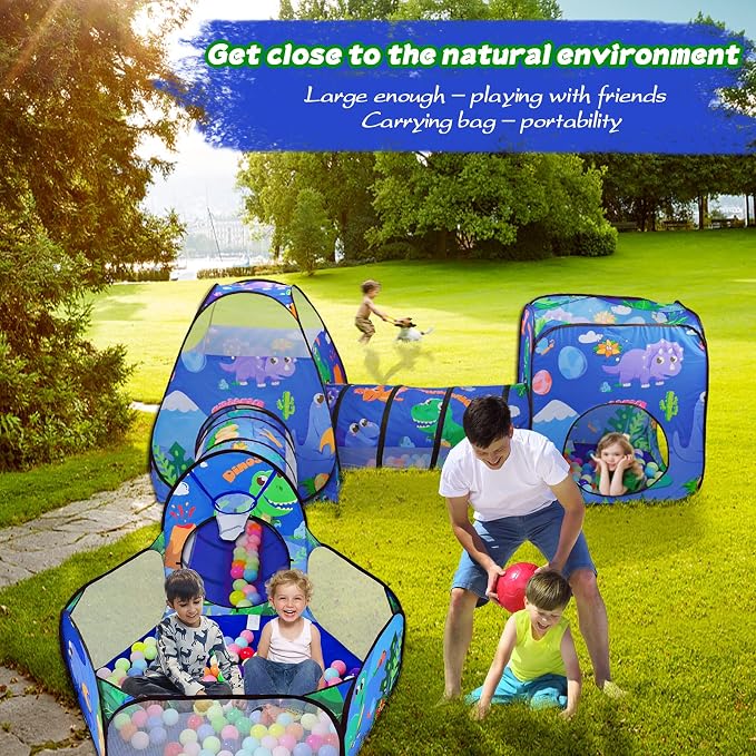 Gift 5PC Dinosaur Kids Play Tent with Ball Pit, Crawl Tunnel, Toddlers Playhouse Castle Toys, Baby Boys Girls Gift for 3 4 5 6 7 Years Old, Outdoor Indoor(Balls Not Included