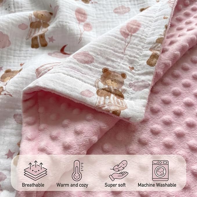 GLLQUEN BABY Blankets for Girls, Soft Muslin Cotton Front Dotted Fleece Backing, Nursery Minky Crib Blanket for Infant Toddler, 30 x 40 inches Throw Blanket, Pink Bear
