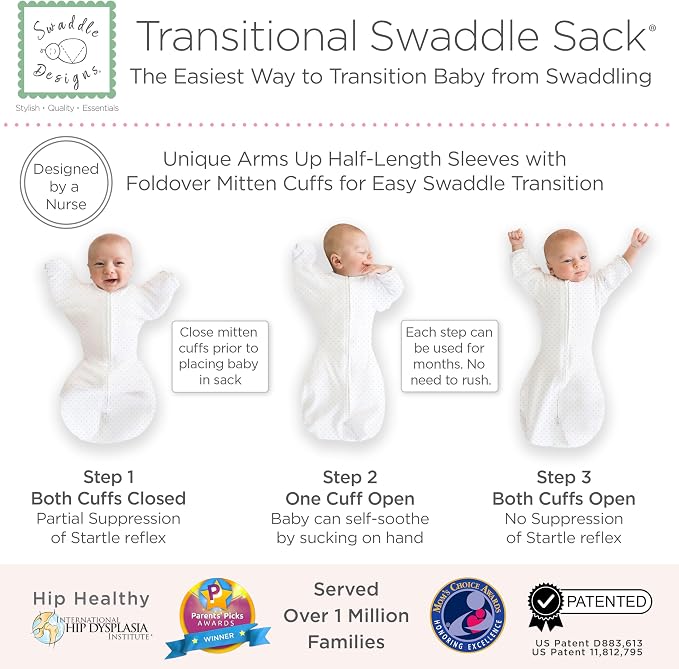 SwaddleDesigns Transitional Swaddle Sack, Arms Up Half-Length Sleeve Mitten Cuff, Most Gradual Transition Swaddle for Newborn