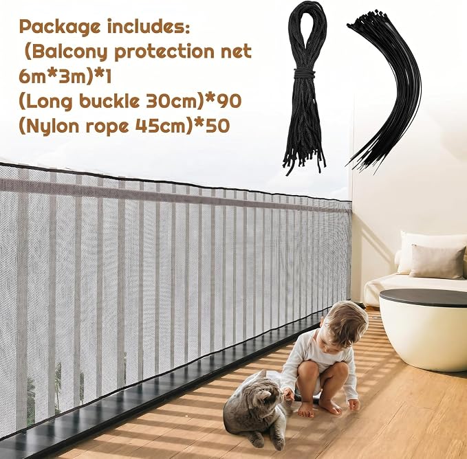 Hosuly Banister Guard 20 x 10 ft Balcony Netting for Kids Pets Stairway Safety Net Baby Fence Door Balcony Netting Safety Mesh Stair Net with No Drilling for Apartment Railing(Black)