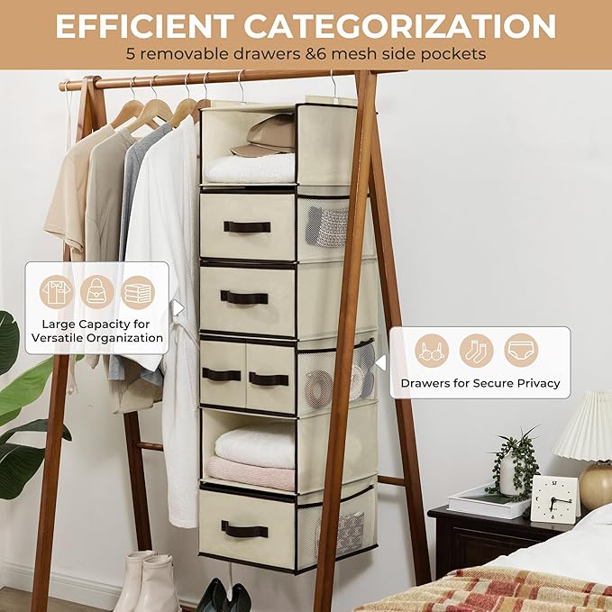 GRANNY SAYS Hanging Closet Organizers and Storage 6 Shelves, Closet Hanging Organizer with 5 Drawers, 6 Side Pockets Hanging Storage Organizer, Portable Clothes Organizer for Closet, Beige