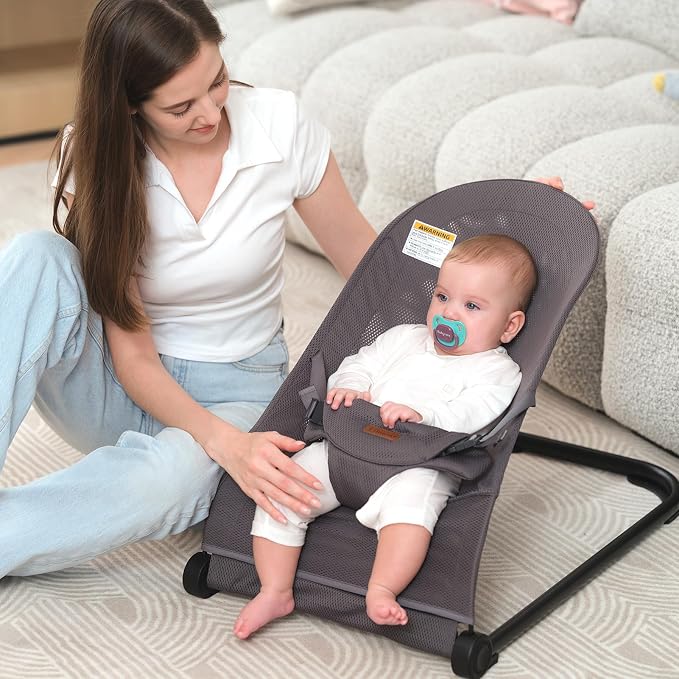 Baby Bouncer,Baby Bouncer Seat,Portable Infant Bouncer with 3-Point Safety Harness,Ergonomic Bouncy seat, Bouncer for Babies 0-6 Months up to 20lbs (Mesh Grey)