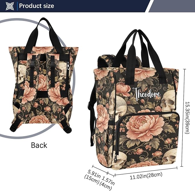 Custom Name Cracked Skull Peonies Diaper Bag Stroller Straps Gift Mom Dad