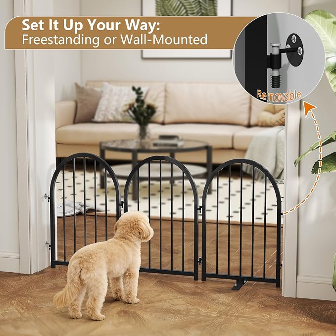 PUPETPO Full Metal Dog Gate for Indoor Outdoor, 24" Tall Free Standing Pet Dog Fence, 36" Wide Arched Pet Gates for Stairs, Hallways, Doorways, Kitchen, Decks, Yards (Black, 2 Panels)