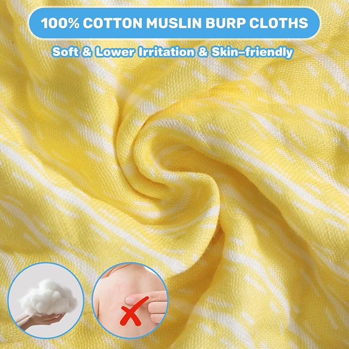 Viviland Baby Muslin Burp Cloths, Super Absorbent Washcloths for Baby Girl and Boy, 10 x 20 inches 6-Layer Baby Bath Towels, Lemon & Leaves 4 Pack